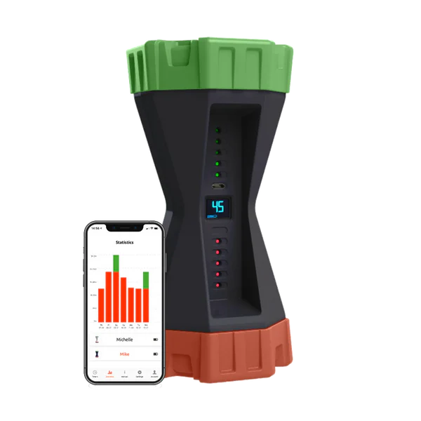 Zwarte GameTimer met de groene zijde boven en de app ernaast